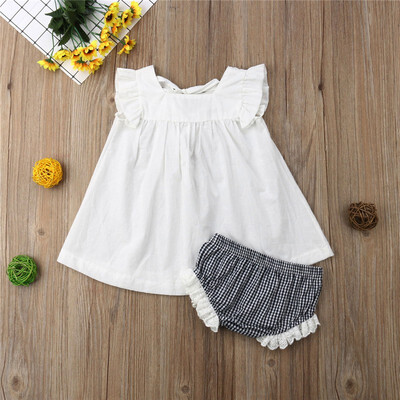 

Newborn Baby Girl Clothes Set Summer Vest Tops Flare Sleeve Lace T shirt Plaid Shorts Girls Clothing Cotton Cute Princess 2pcs