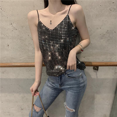 

Women Summer Temperament Sexy V-Neck Sequins Fine Belt Wild Knit Bottoming Camisole