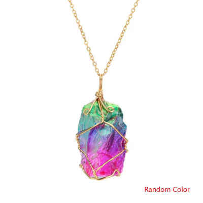 

Random Color Women Rainbow Stone Natural Crystal Chakra Rock Necklace Golden Plated Quartz Pendant Chain