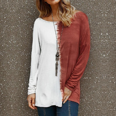 

Fashion Women Oversized Backless T-shirt Blouse Splicing Print Long Sleeves Loose Tees Casual Tops