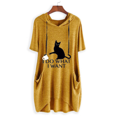 

Nomeni Women Casual Print Cat Ear Hooded Short Sleeves Pocket Top Blouse Shirt