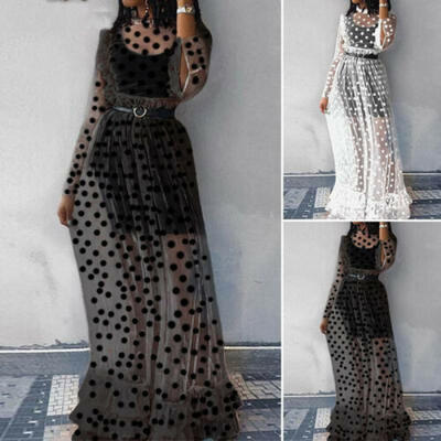 

Women Long Dress Lace See Through Maxi Dress Slim Bodycon Clubwear Party Evening