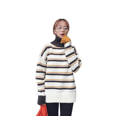 

Women High Collar Striped Pullover Casual Knitting Sweaters Pullover Long Sleeve Casual Loose Tops