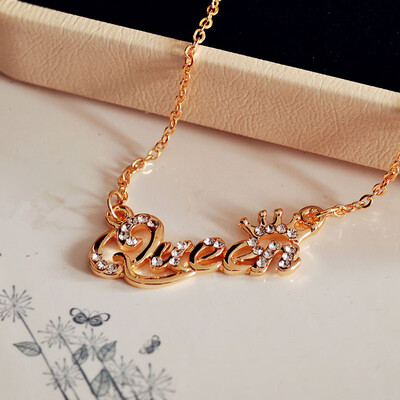 

1PC Rose Golden Necklace Women Letter Queen Girls Crystal Rhinestone Silver Adjustable Female Jewelry Accessories Bijoux