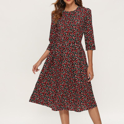 

Fashion Women Elegant Floral Dress 34 Sleeves Pleated High Waist Vintage A-Line Party Casual Midi Dress