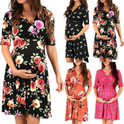 

Pregnant Womens Maternity Dress Floral Half Sleeve Wrap Skirt Elegant Party Wear