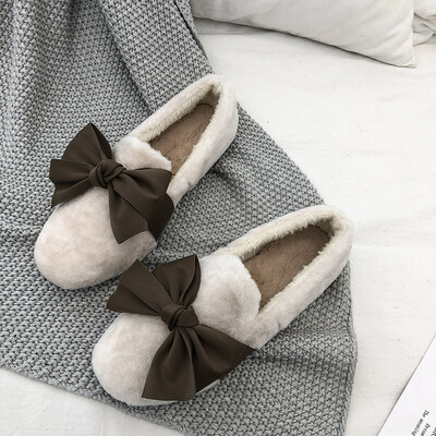 

2018 New autumn&winter Korean version of velvet bean shoes ladies bow casual Joker flat net red Mao Mao shoes ladies