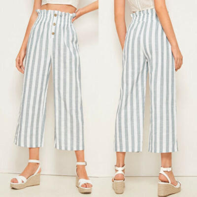 

Women Summer Stripe Wide Leg Button Elastic Waist Casual Trousers Crop Pants