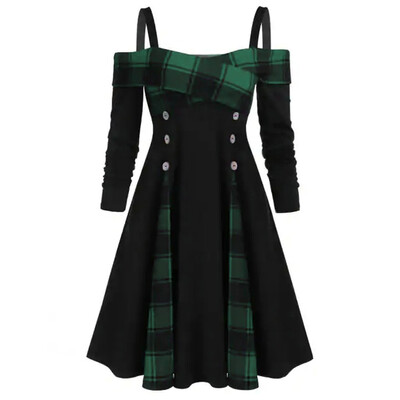 

Tailored Fashion Womne Plus Size Open Shoulder Plaid Panel Buttons A Line Dress