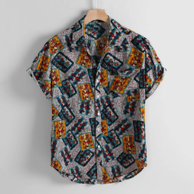 

Tailored Mens Vintage Floral Print Chest Pocket Turn Down Collar Short Sleeve Loose Shirt