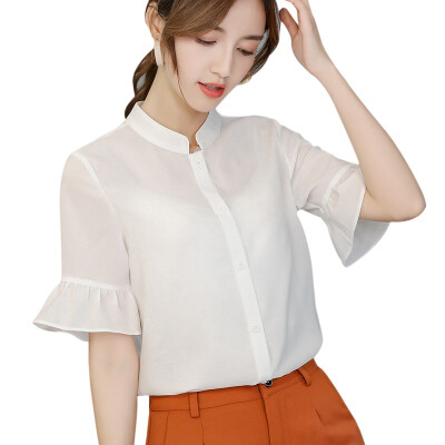 

Womens Solid Stand Collar Casual Loose Short Butterfly Sleeve Ruffles Chiffon Blouse