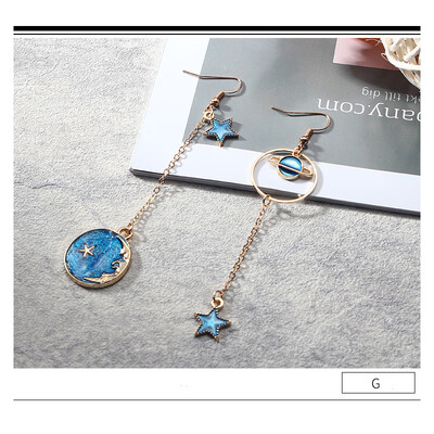 

Women Blue Metal Asymmetric Geometry Starry Moon Planet Stud Earrings Long Asymmetric Wild Sweet Jewelry Eardrop One size