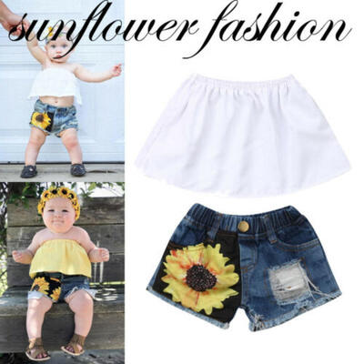 

US Toddler Baby Girls Outfits Clothes T-shirt Jeans Shorts 2Pcs Sunflower Set