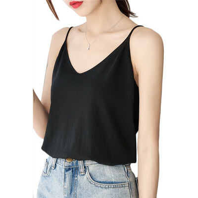 

Summer Casual Sleeveless Shirt Solid Color Loose Tunic Tops Sweet Basic Chiffon V-Neck Camisole
