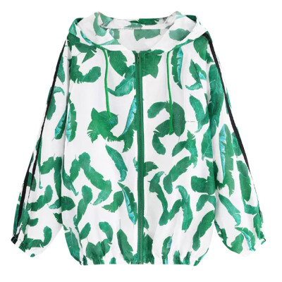 

Toponeto Women Long Sleeve Thin Skinsuits Hooded Zip Leaves Print Sport Coat