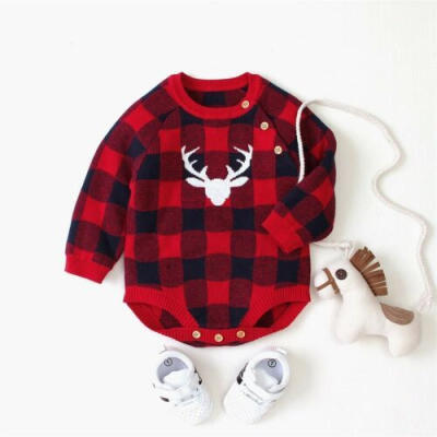 

UK Xmas Newborn Baby Boy Girl Long Sleeve Knitted Romper Jumpsuit Plaid Clothes