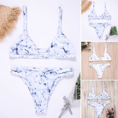 

Saidsome Women Sexy Marble Print Padded Bra Beach Halter Bikini Set Swimwer Cut Out Chest