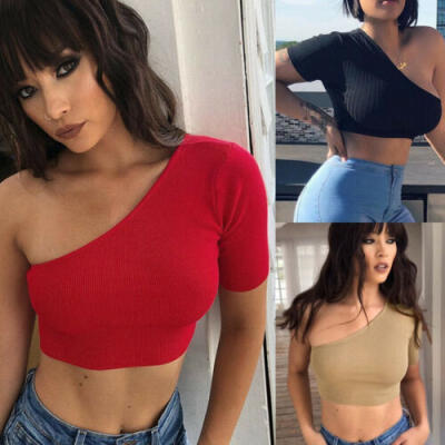

Women One Shoulder Crop Tops Short Sleeve Slim Vest Tank Blouse Clubwear Tee