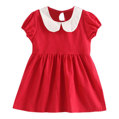 

Korean Girls Short Sleeve Doll Collar A-Line Dress Casual Daily Clothing
