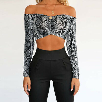 

Sexy Women Snake Skin T-shirt Long Sleeve Crop Top Off Shoulder Blouse