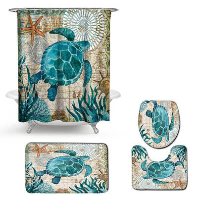 

Sea Turtles Bathroom Polyester Shower Curtain Non Slip Toilet Cover Rugs Mat Set