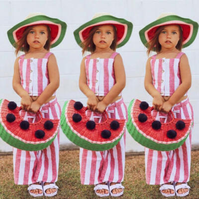 

2Pcs Toddler Kids Baby Girls Striped Crop Top Long Pants Clothes Outfits Summer