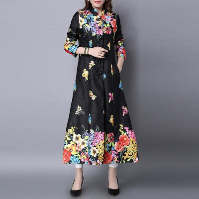 

Women Outerwear Colorful Floral Print Stand Collar Single Breasted Button Long Sleeve A-Line Swing Ethnic Jacket