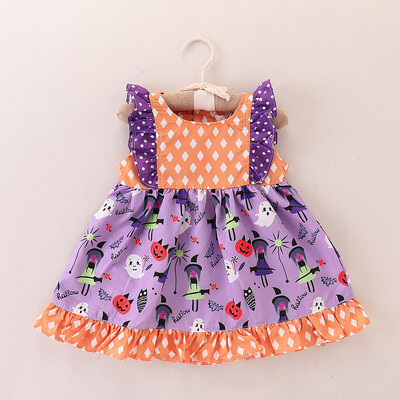 

Toddler Baby Halloween Sleeveless Cartoon Dot Dress Ruffles Patchwork Clothes