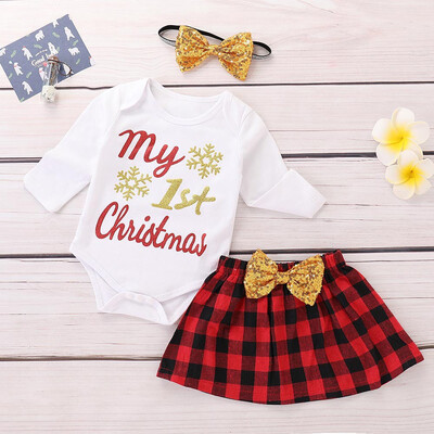 

Newborn Baby Girls Christmas Letter Print RomperBow skirtHeadbands Set Clothes