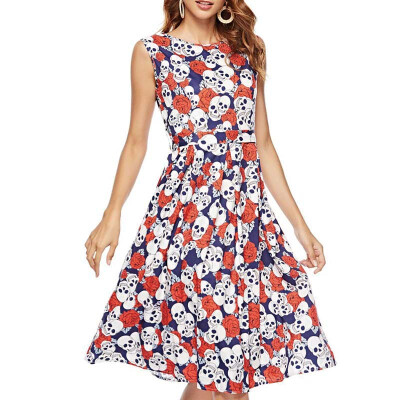 

Women Fashion Personlity Sleeveless Round Collar Skull Printed Halloween Party Dresses