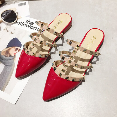 

Baotou slippers women spring&summer simple pointed rivets cold slippers chic low heel Muller shoes ins