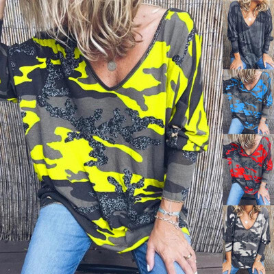 

2019 Europe&America AliExpress autumn wish hot new womens V-neck print long-sleeved T-shirt casual loose Europe XXXXL