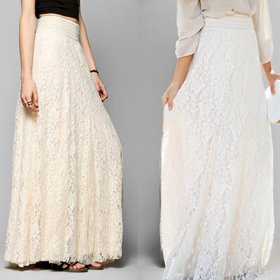 

Women Double Lace Layer Chiffon Pleated Long Maxi Dress Elastic Waist Skirt