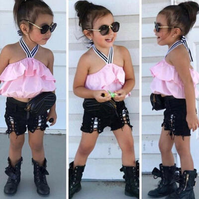 

Toddler Kid Baby Girl Clothes Off Shoulder Tops Ripped Shorts Pants Outfits