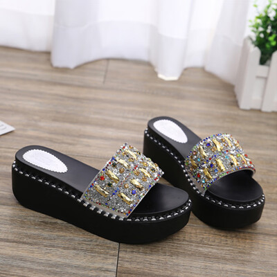 

Colorful diamond bright-sheet high-bottom slippers womens summer 2019 new style Korean style high-heel&one-character coo