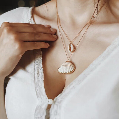 

Sweet Women Necklaces Scallop Shell Pendant Collar Chain Multilayer Gold Necklace Set Female Choker Wedding Party Jewelry