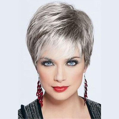

BLONDE UNICORN Short Grey Human HairSynthetic Blend Wigs With Side Bangs Dark Root Light Grey Artificial Full Wigs for Women