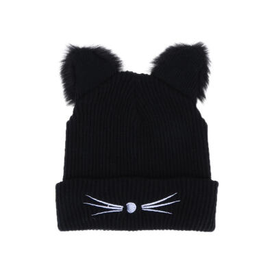 

Women Winter Woolen Knitting Hat Cute Cat Ears Braided Knitted Fur Cap