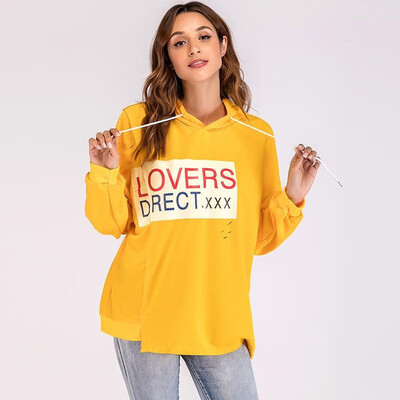 

Women Hoodie Drawstring Letter Print Splits Irregular Hemline Long Sleeve Oversized Casual Sweatshirt