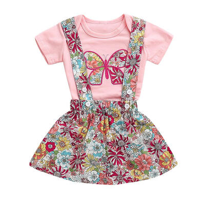 

2pcsset Butterfly Print Short Sleeve Romper Kids Girls Floral Sling Dress