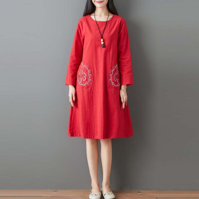 

Tailored Fashion Ethnic style Womens Cotton Linen Embroidery Loose Dress With Pocket