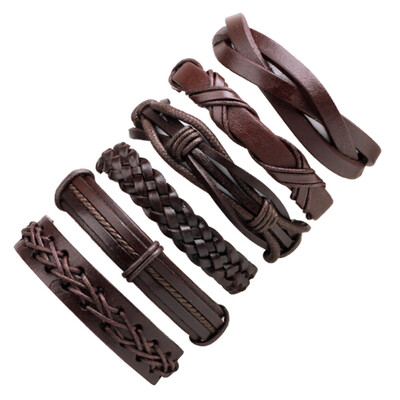 

1Set 6PCs Braided Leather Bracelet Men Multilayer Braid Bracelets & Bangles Punk Wrap Bracelets for Women Punk Casual Men