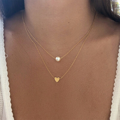 

2019 New Fashion Gold Silver Double Chain Choker Imitation Pearl Necklaces Delicate Heart Pendant Necklace For Women Bijoux