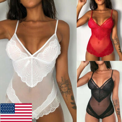 

Fashion Women One Piece Lace Bodysuit Mesh Babydoll Teddy Lingerie Underwear US