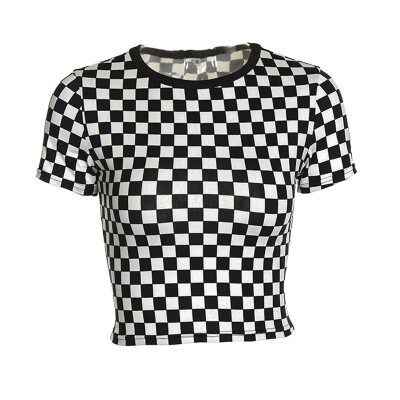 

Women Spring Summer Slim T-shirt Black White Checkerboard Pattern Plaid Crop Tops Short Sleeve Cotton T Shirt