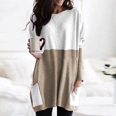 

Ladies Round Neck Long Sleeve Loose Jumper Tops Pockets Color Block Party Shirts
