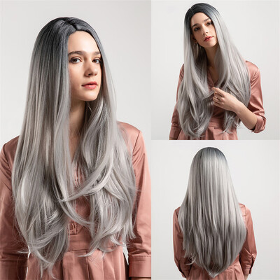 

〖Follure〗Long Straight Hair Two Tone Black&Grey Ombre Wig Heat Resistant Fiber Synth