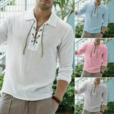 

Mens Linen Long Sleeve Shirt Summer Cool Loose Casual Soild Shirts Tops -2XL