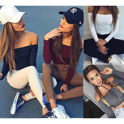 

Fashion Women Winter Autumn Off Shoulder Crop Top Long Sleeve Shirt Blouse Sweater T-shirt