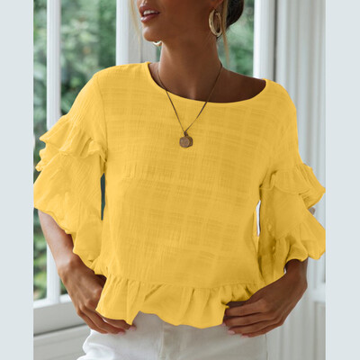 

Nomeni Womens Casual Solid Color O-neck Shirt Trumpet Sleeves Ruffled Shirt T-shirt